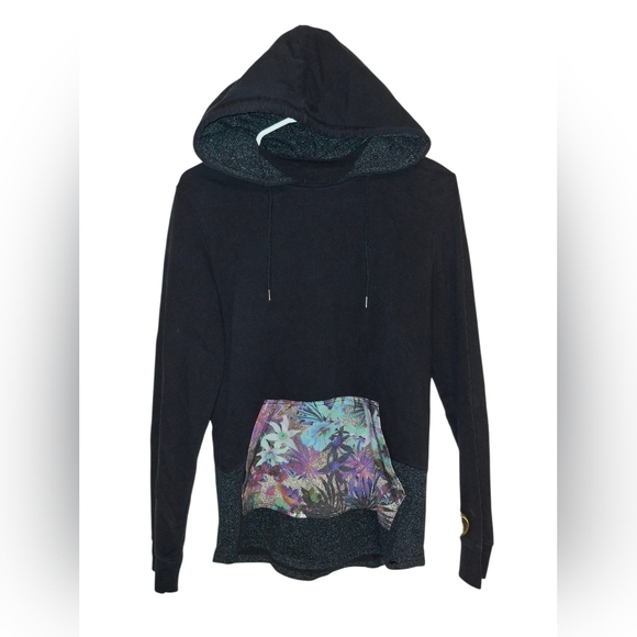 Black Hoodie with Floral Pocket - Picture 1 of 2